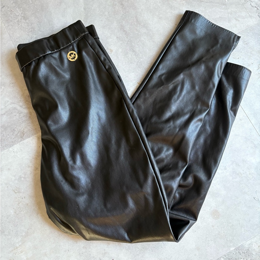 Michael Kors Black Faux Leather Pants with Gold Accent